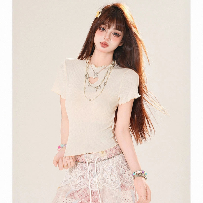 Sweet Girl Style Heart Embroidered Short-Sleeved T-shirt