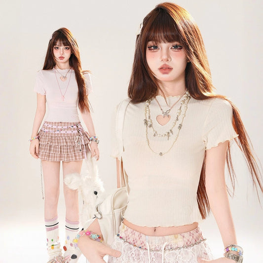 Sweet Girl Style Heart Embroidered Short-Sleeved T-shirt