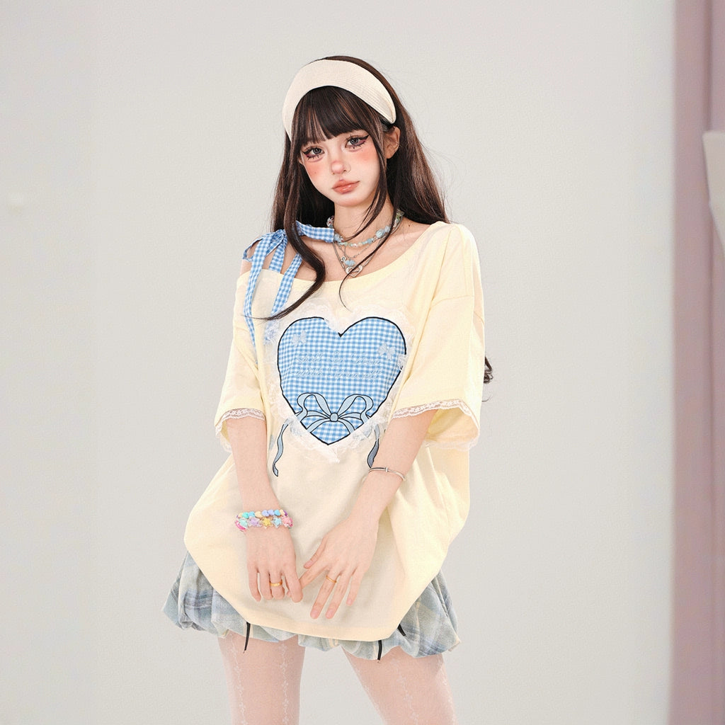 Sweet Girl Style Heart Lace Embroidery Off-Shoulder T-shirt