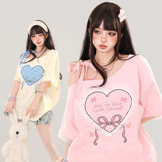 Sweet Girl Style Heart Lace Embroidery Off-Shoulder T-shirt