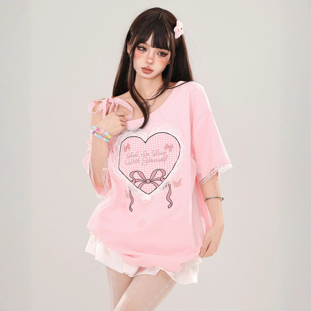 Sweet Girl Style Heart Lace Embroidery Off-Shoulder T-shirt