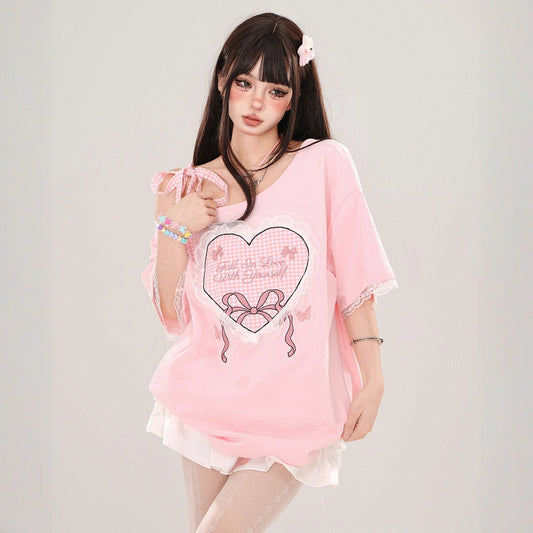 Sweet Girl Style Heart Lace Embroidery Off-Shoulder T-shirt
