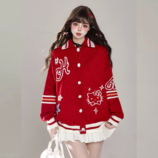 Sweet Girl Style Hello Kitty Print POLO Collar Cardigan Sweater