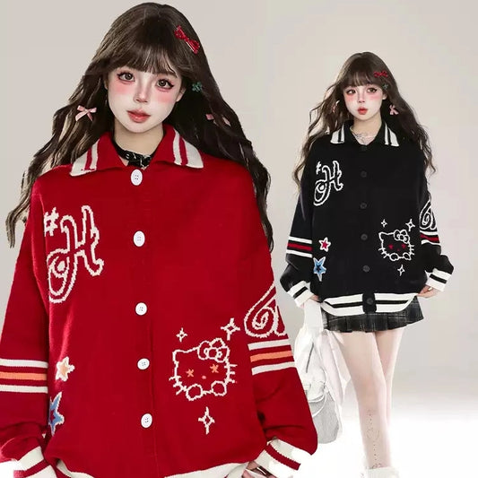 Sweet Girl Style Hello Kitty Print POLO Collar Cardigan Sweater