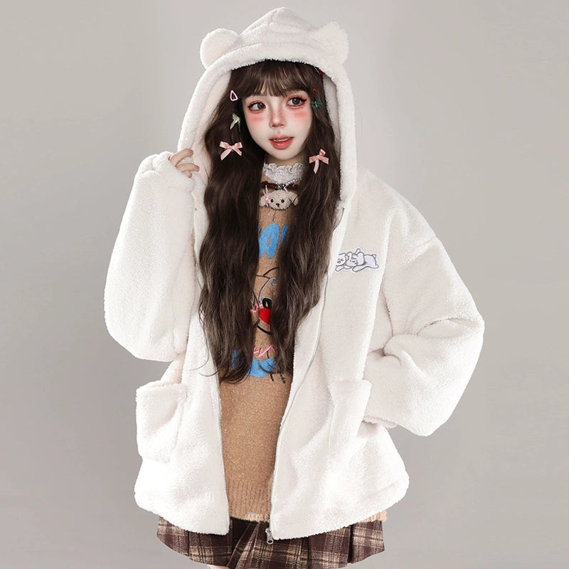 Sweet Girl Style Kitten Embroidered Plush Hooded Coat