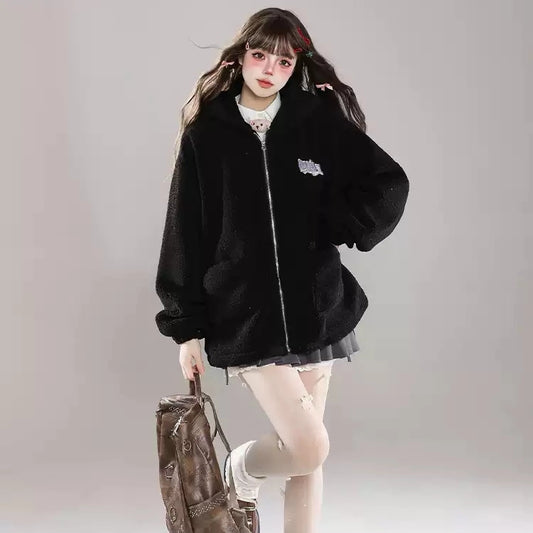 Sweet Girl Style Kitten Embroidered Plush Hooded Coat