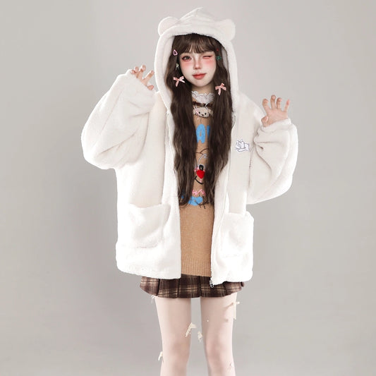 Sweet Girl Style Kitten Embroidered Plush Hooded Coat