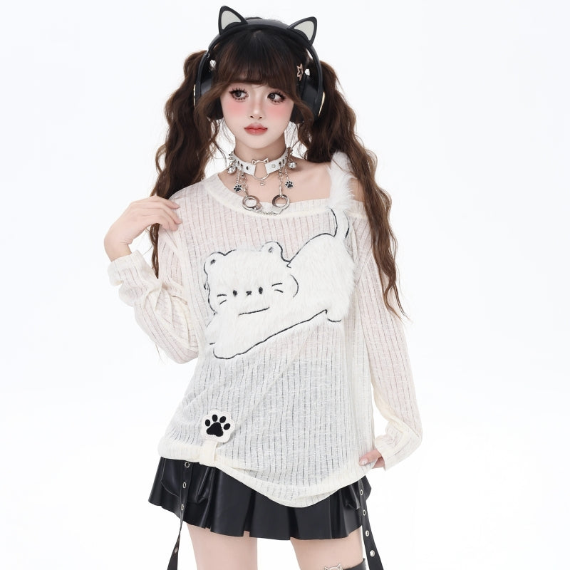 Sweet Girl Style Kitten Embroidery Irregular Off-Shoulder T-shirt