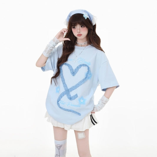 Sweet Girl Style Lace Bow Embroidery Round Neck T-shirt