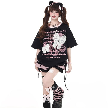 Sweet Girl Style Lace Bow Embroidery Round Neck T-shirt