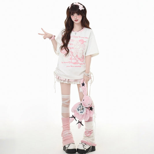 Sweet Girl Style Lace Bow Embroidery Round Neck T-shirt