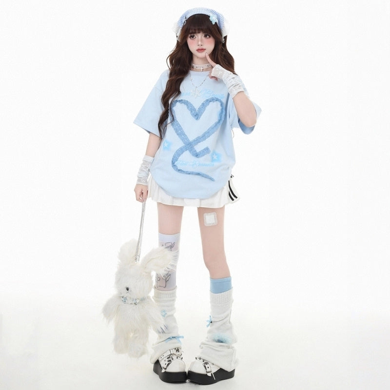 Sweet Girl Style Lace Bow Embroidery Round Neck T-shirt