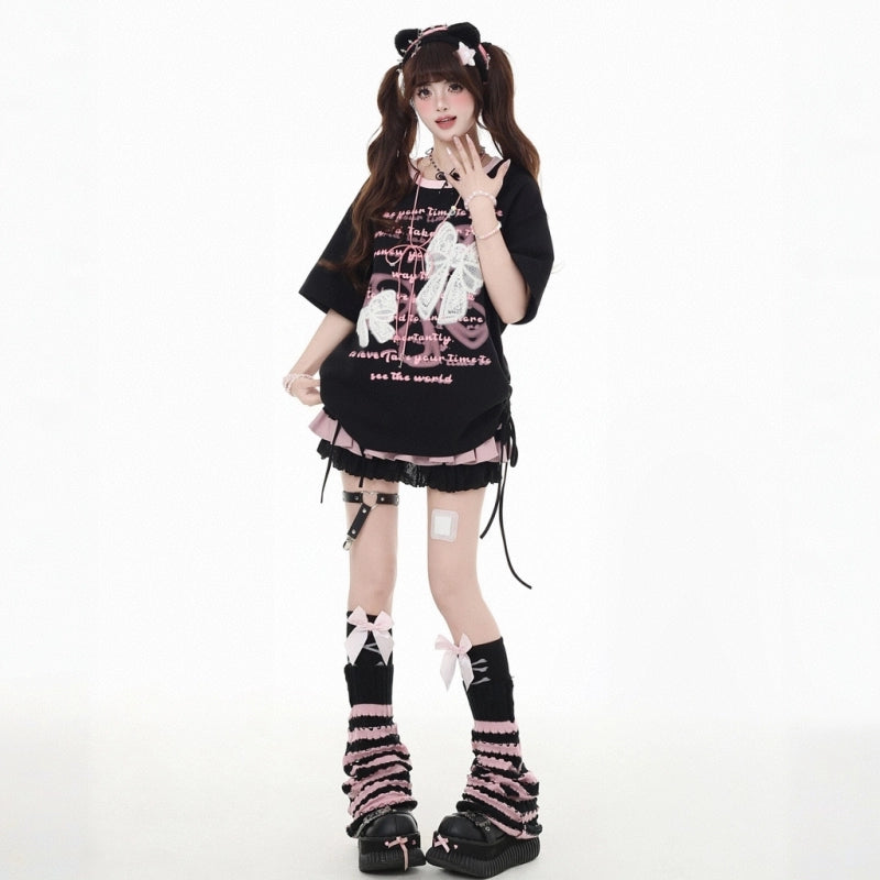 Sweet Girl Style Lace Bow Embroidery Round Neck T-shirt