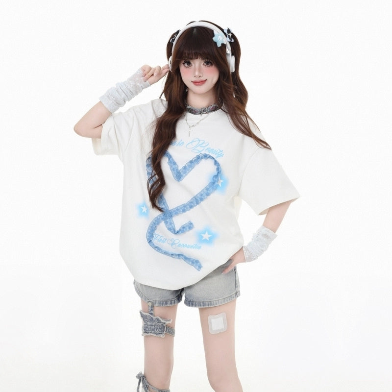Sweet Girl Style Lace Bow Embroidery Round Neck T-shirt