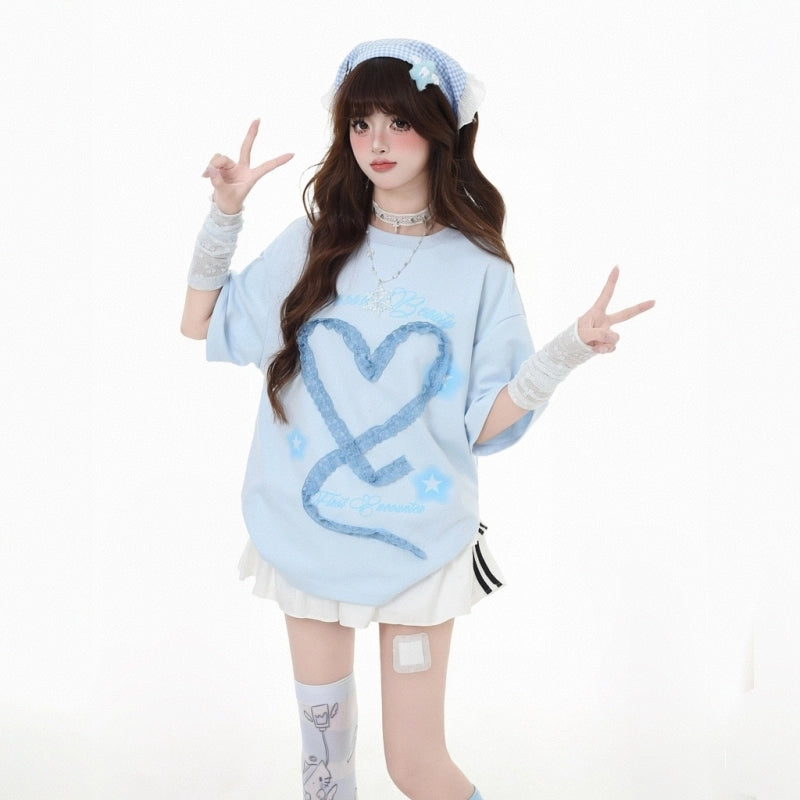 Sweet Girl Style Lace Bow Embroidery Round Neck T-shirt