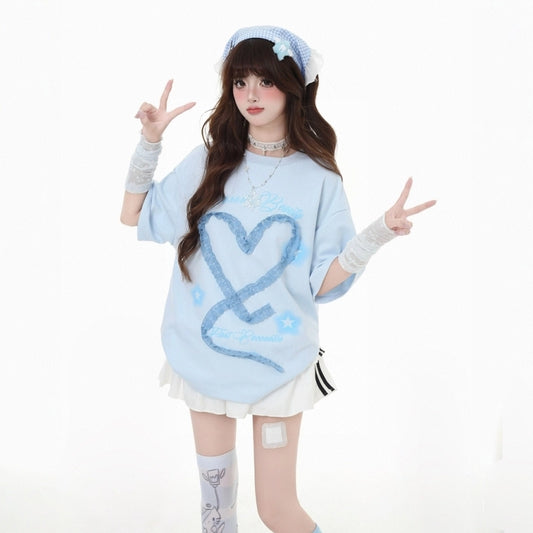 Sweet Girl Style Lace Bow Embroidery Round Neck T-shirt