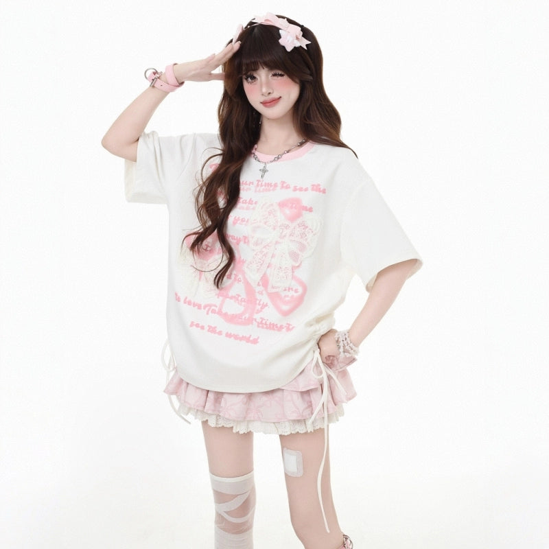 Sweet Girl Style Lace Bow Embroidery Round Neck T-shirt