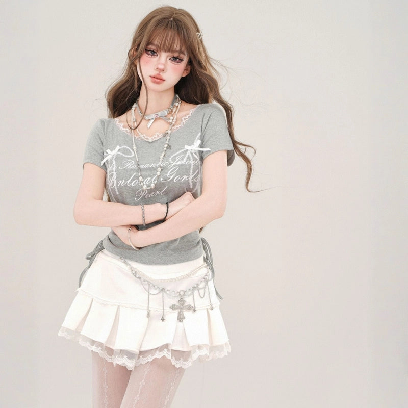 Sweet Girl Style Lace Drawstring Slimming T-shirt