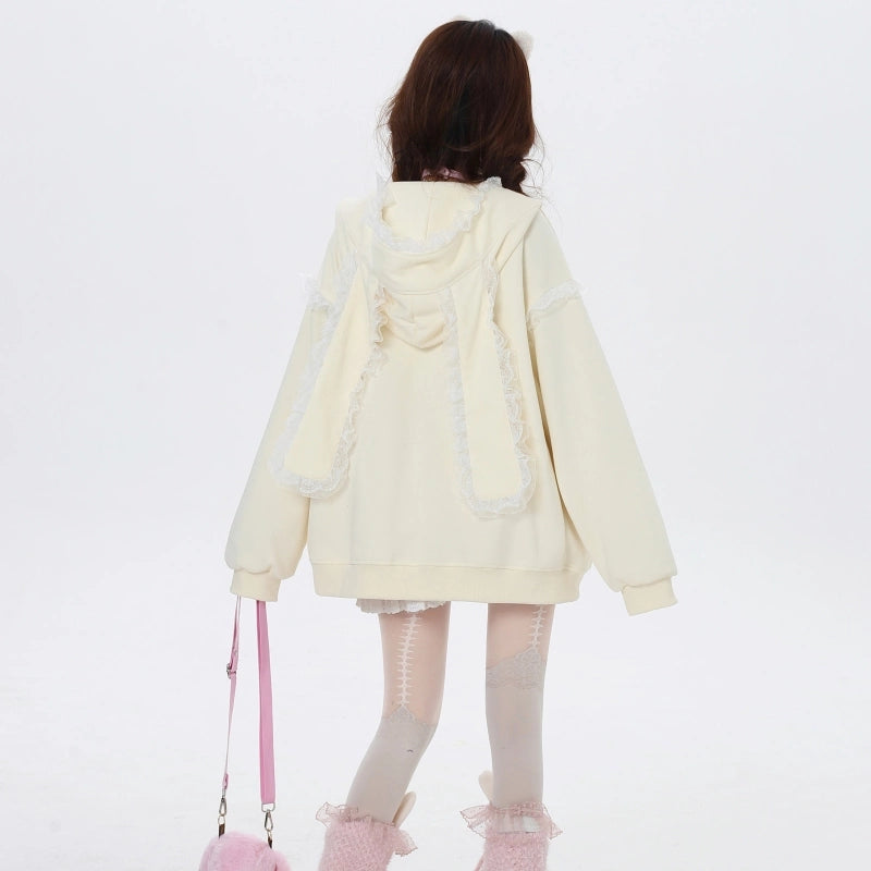 Sweet Girl Style Lace Rabbit Ears Hooded Coat