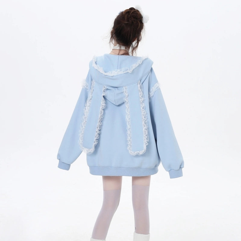 Sweet Girl Style Lace Rabbit Ears Hooded Coat