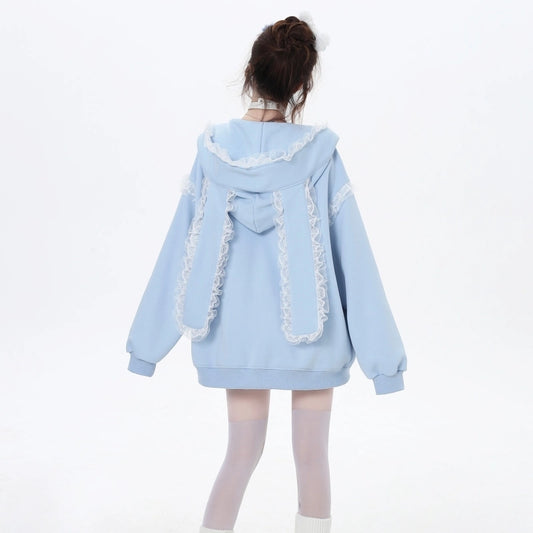 Sweet Girl Style Lace Rabbit Ears Hooded Coat