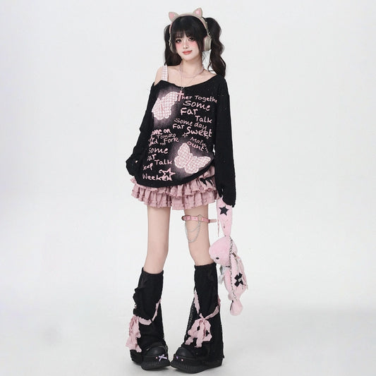 Sweet Girl Style Light Butterfly Patch Off-shoulder T-shirt