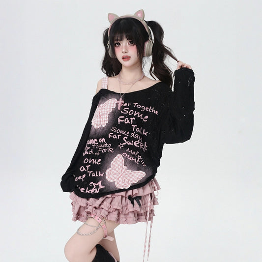 Sweet Girl Style Light Butterfly Patch Off-shoulder T-shirt