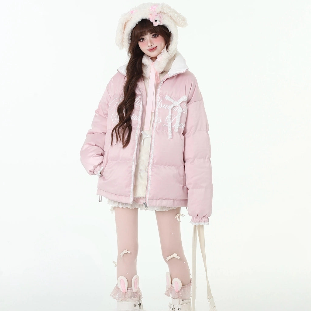 Sweet Girl Style Light Pink Lace Satin Cotton Coat