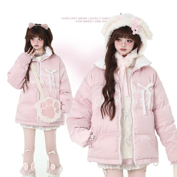 Sweet Girl Style Light Pink Lace Satin Cotton Coat