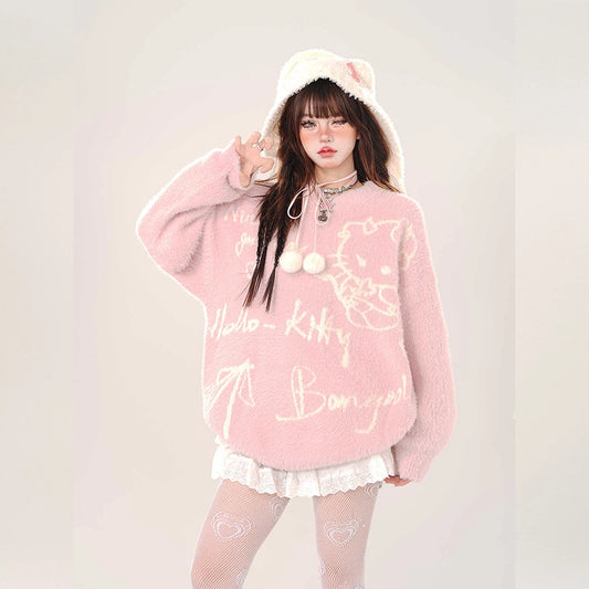 Sweet Girl Style Loose Pink Hello Kitty Embroidered Sweater