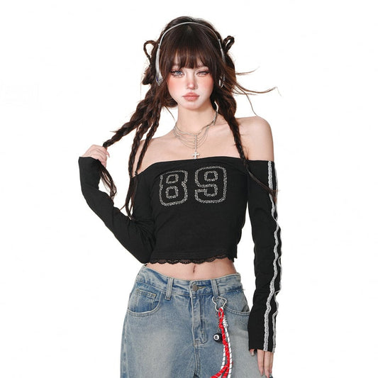 Sweet Girl Style One-Shoulder Lace Tube Top T-shirt