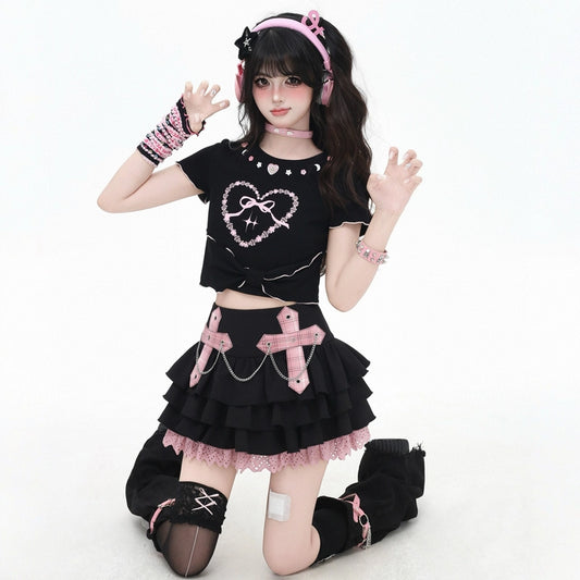 Sweet Girl Style Pink Bow Print Slim Fit T-shirt