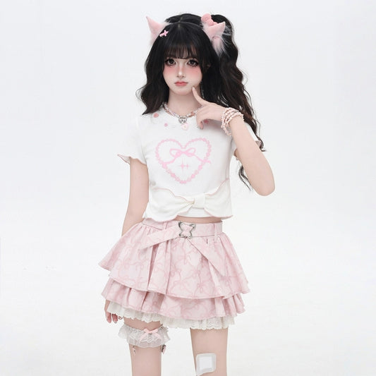 Sweet Girl Style Pink Bow Print Slim Fit T-shirt