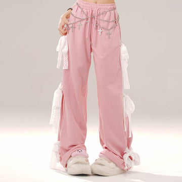 Sweet Girl Style Pink Bow Straight Pants