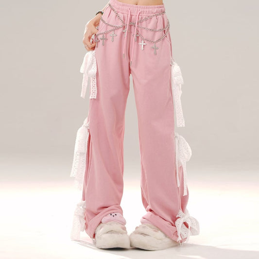 Sweet Girl Style Pink Bow Straight Pants