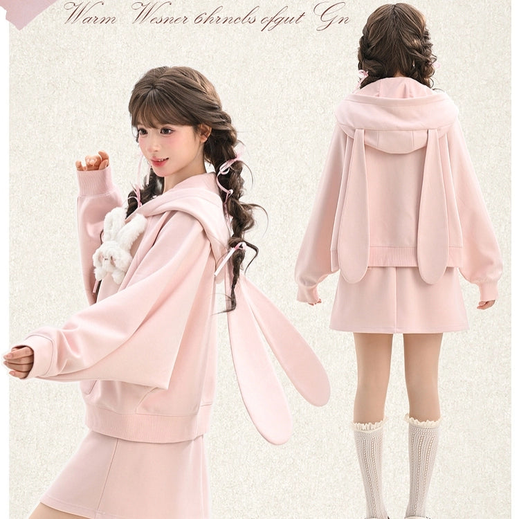 Sweet Girl Style Pink Bunny Ears Hooded Coat