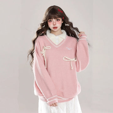 Sweet Girl Style Pink Fake Two-Piece Sweater