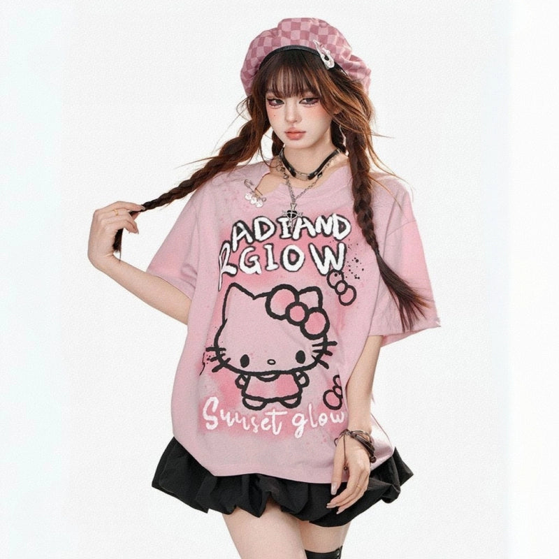 Sweet Girl Style Pink Hello Kitty Printed T-shirt