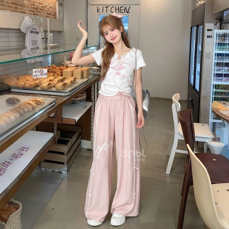 Sweet Girl Style Pink Lace Bow Embroidered Casual Pants