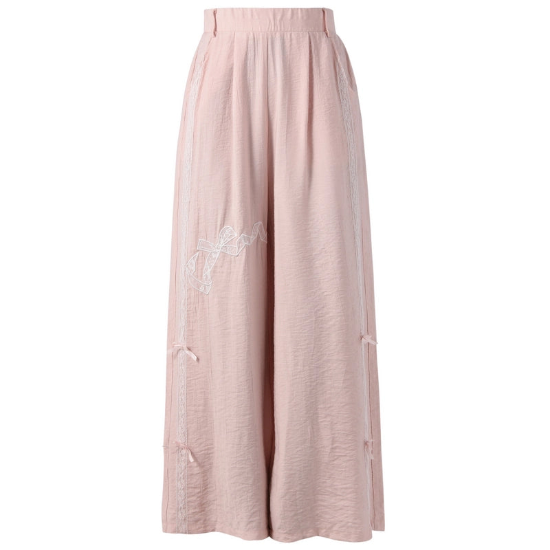 Sweet Girl Style Pink Lace Bow Embroidered Casual Pants