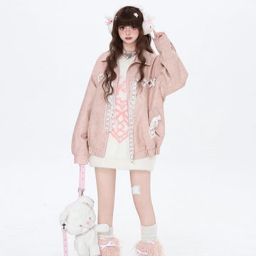 Sweet Girl Style Pink Loose Coat