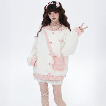 Sweet Girl Style Pink Rabbit Ears Embroidered Hooded Coat