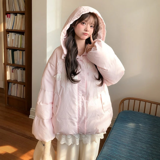 Sweet Girl Style Pink White Duck Down Hooded Down Jacket