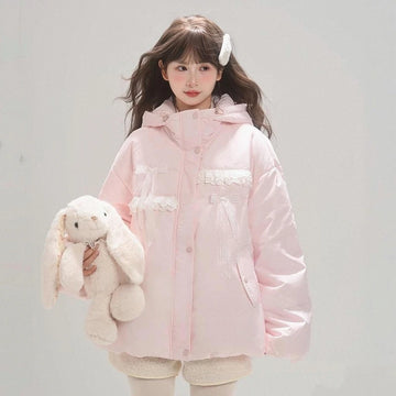 Sweet Girl Style Pink White Duck Down Hooded Down Jacket