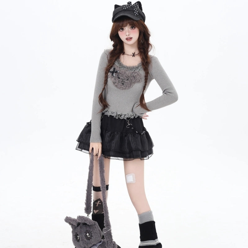 Sweet Girl Style Plush Puppy Embroidered Knitted Top