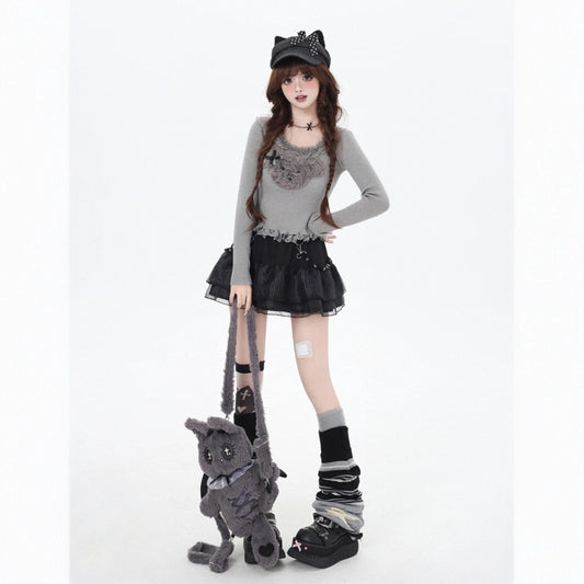 Sweet Girl Style Plush Puppy Embroidered Knitted Top