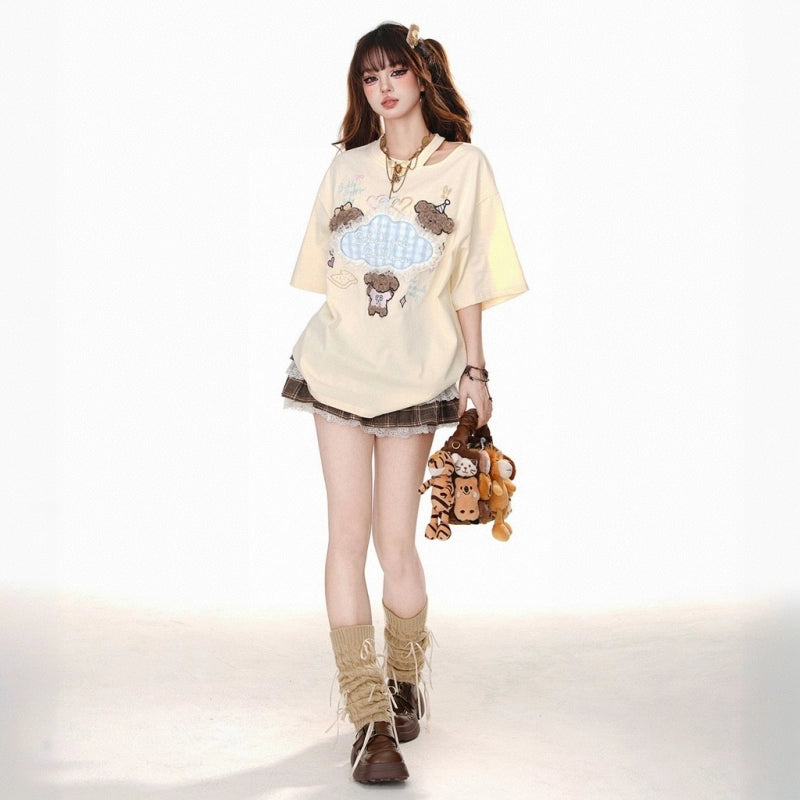 Sweet Girl Style Pudding Bear Embroidered T-shirt