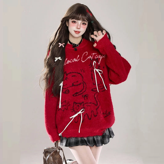 Sweet Girl Style Red Cartoon Cat Embroidered Sweater