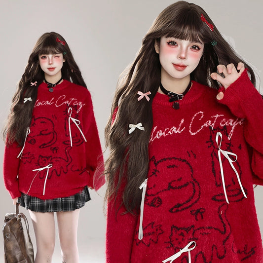 Sweet Girl Style Red Cartoon Cat Embroidered Sweater