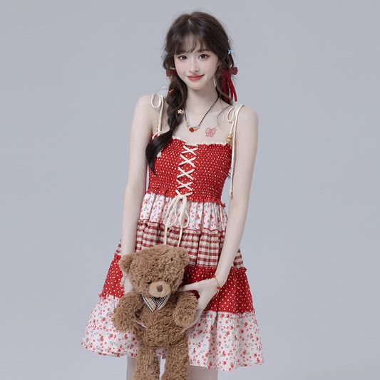 Sweet Girl Style Red Floral Suspender Dress